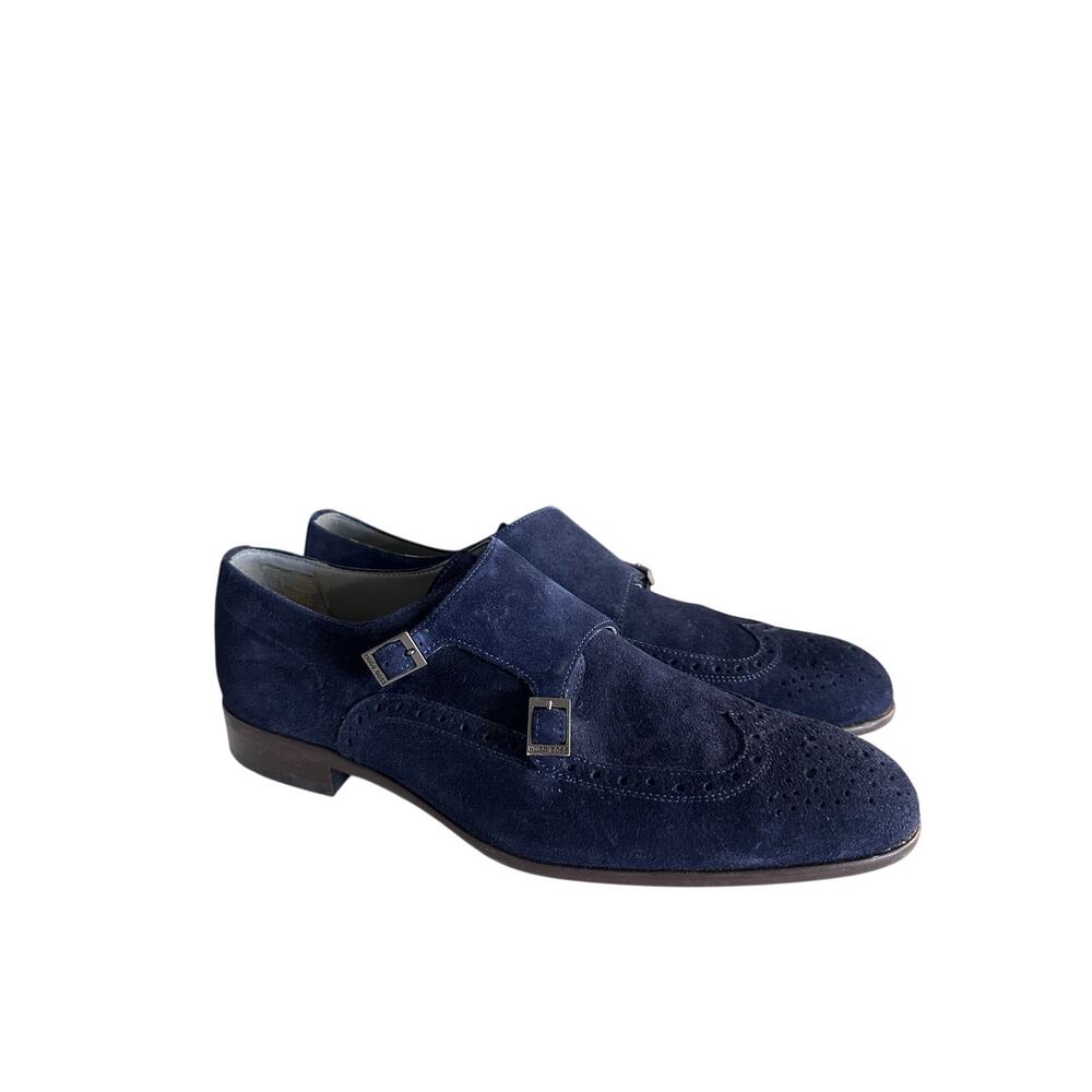 BOSS Hugo Boss Navy Suede Double Monk Strap Wingtip Brogue Shoes